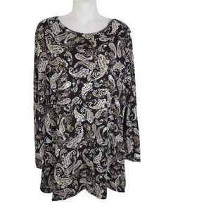 J Jill Womens Tunic Top Medium Driftwood Paisley Black Long Sleeve Button Back